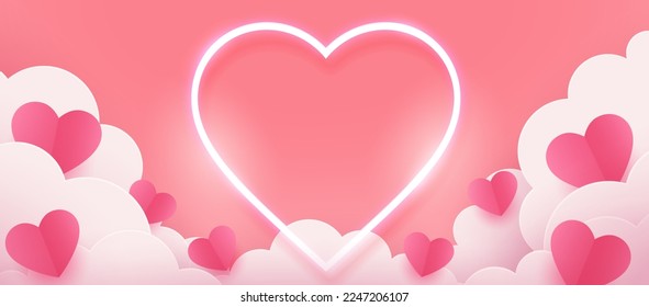 Happy Valentine's day poster or voucher. Beautiful paper cut white clouds with white glowing neon heart frame on pink background. Vector illustration. Papercut style. Place for text