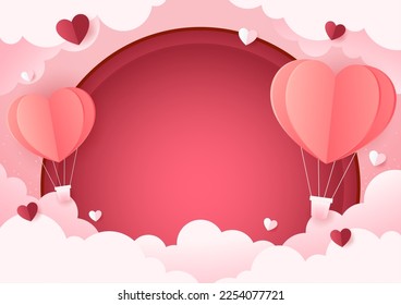 Happy Valentine's day poster or voucher. Beautiful paper cut white clouds with white heart frame on pink background. Vector illustration. Papercut style. Place for text. free space.