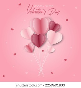 Happy Valentine's day poster or voucher. Beautiful paper cut white clouds with white heart frame on pink background. Vector illustration. Paper-cut style. Place for text