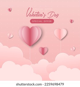Happy Valentine's day poster or voucher. Beautiful paper cut white clouds with white heart frame on pink background. Vector illustration. Paper-cut style. Place for text



