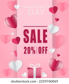Happy Valentine's day poster or voucher. Beautiful paper cut white clouds with white heart frame on pink background. Vector illustration. Paper-cut style. Place for text. 



