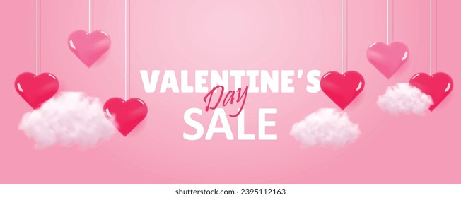 Happy Valentine's day poster or voucher. Background for sale with realistic cloud and heart. Valentines day store discount promotion. Vector illustration