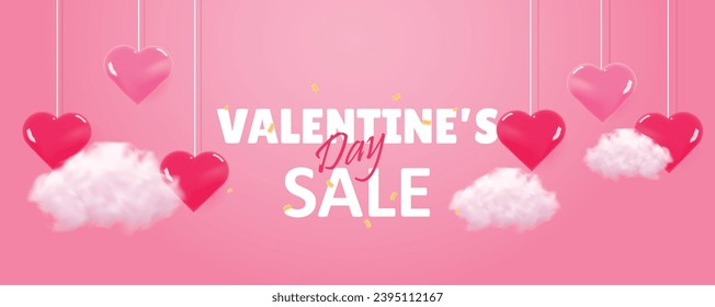 Happy Valentine's day poster or voucher. Background for sale with realistic cloud and heart. Valentines day store discount promotion. Vector illustration