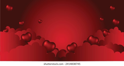 Happy Valentine's day poster or voucher. Beautiful 3d heart shapes, clouds on red gradient  background. Vector illustration 3d style. Place for text