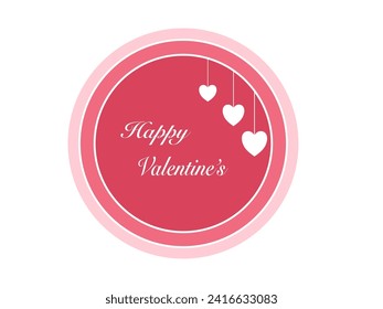 Happy Valentine's day poster or voucher. White round frame on pink background with hanging hearts. 
