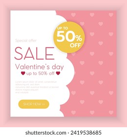 Happy Valentine's day poster or voucher. Beautiful paper cut white clouds with white heart frame on pink background.