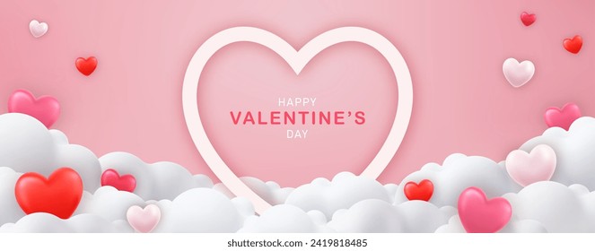 Happy Valentine's day poster or voucher. Pink banner party invitation template. 3D heart on cloud background. Love concept for happy mother s day, valentine s day, birthday day. Vector illustration