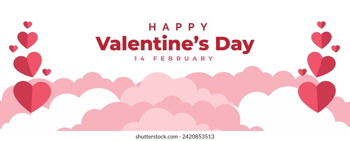 Happy Valentine's day poster or voucher. Beautiful paper cut white clouds, on white background. Vector illustration