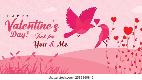 Happy Valentine's day poster or voucher. Beautiful paper cut white clouds with white heart frame on pink background. Vector illustration. Papercut style. Place for text
