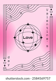 Happy Valentine's Day poster in y2k style with the inscription love enclosed in a sphere. Retro-futuristic 2000s aesthetic