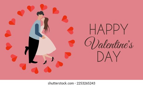 Happy Valentine's Day poster with young couple hugging and kissing