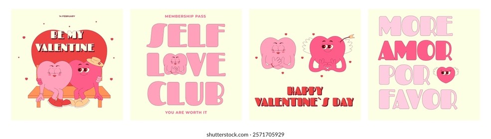 Happy Valentines day posters with lovely hearts characters with face, hands, cupids arrow and wings. Trendy retro groovy style. Vector illustrations set