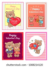 Happy Valentines day posters set teddy with bouquet of flowers, makes present to girlfriend hive decorated, balloon or pillow, lovers together vector