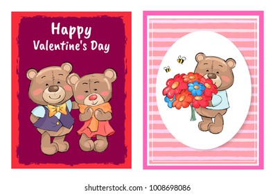 Happy Valentines day posters set teddy with bouquet of colorful flowers, bees flying above them, and pair of bears on walk hugging vector illustration