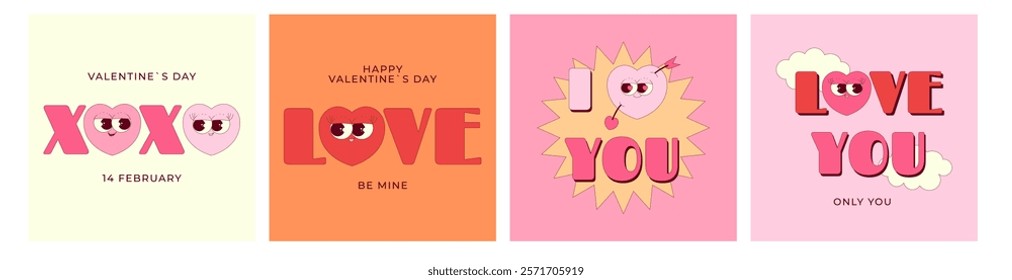 Happy Valentines Day posters set. Cute hearts with face. Trendy retro groovy style. Red, orange, yellow, pink colors. Vector illustration