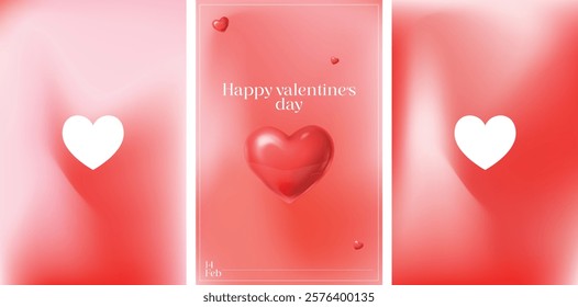 Happy Valentine's day posters set with 3D heart. Valentines day greeting card template. Trendy love, romantic gradient. Minimalistic pastel sale poster, banner, cover, flyer.