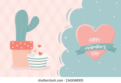 happy valentines day potted cactus coffee cup heart romantic vector illustration