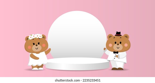 Happy Valentine's day product display with cute bear in white costume. Animal in love holidays cartoon character. - Vector