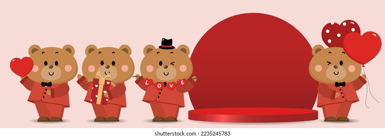 Happy Valentine's day product display with cute bear in red suit, heart, gift and balloon. Animal in love holidays cartoon character. - Vector