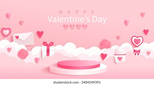 Happy Valentine's day promo banner. Round podium for ad, holiday scene for product display presentation.Backdrop for cosmetic product display.Template for retail,shops,web,social media.Vector