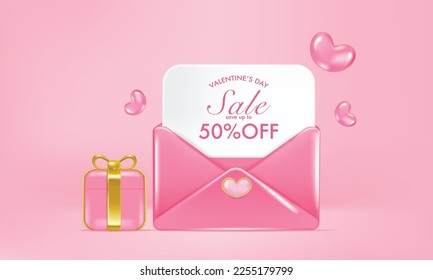 Happy valentine's day promotion sales and Discount online purchases. gift, coupon in envelope isolated on pink background. 3d vector rendering.