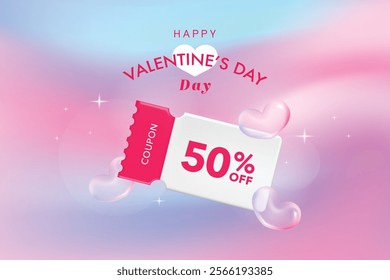 Happy valentine's day promotion sales and Discount coupon online purchases. Tag label, banner with Percentage isolated. 3d rendering.