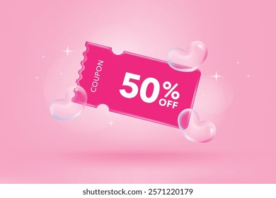 Happy valentine's day promotion sales and Discount coupon online purchases. Tag label, banner with Percentage isolated. 3d rendering.