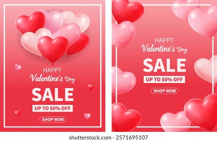 Happy Valentine's Day Promotional Poster with red 3d hearts, modern art design for websites, social media, posters, covers