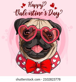 Happy Valentine's day Pug dog head wearing glasses in the shape of heart and red bowtie