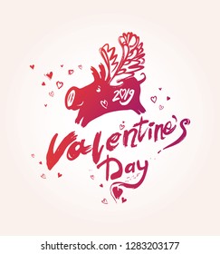 Happy Valentine's Day. Purple red handwritten inscription and winged pig in love and airy hearts fly. Sketch illustration for Valentine's day. Vector graphics imitation of drawing with a rough brush.
