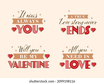 Happy Valentine's Day Quotes With Hearts On Beige Background.