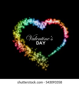 Happy Valentines Day. Rainbow stream of sparkling particles. Holiday vector illustration of heart path isolated on checkered transparent background. Gay Valentines day decoration element for design
