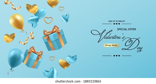 Happy Valentine's Day. Realistic 3d banner with falling gift box, hearts and flowers