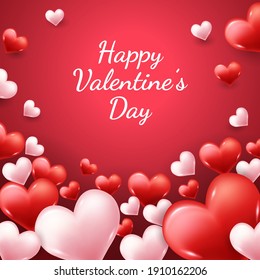 Happy Valentines day with a lot of realistic 3D love or heart shape, vector illustration.