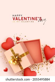 Happy Valentines Day. Realistic 3d design of festive objects, pink open gift box, red heart, gold confetti. Holiday banner, web poster, flyer, stylish brochure, greeting card, Vector illustration