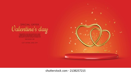 Happy Valentines Day. Realistic 3d design of festive objects red heart, gold confetti. Holiday banner,flyer, greeting card.