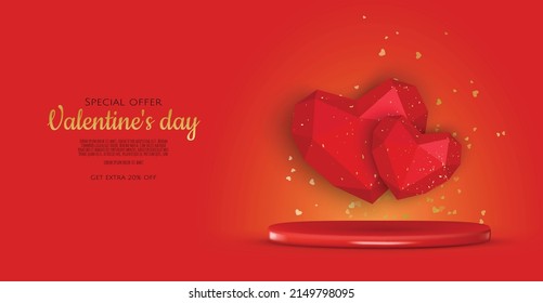 Happy Valentines Day. Realistic 3d design of festive objects red heart, gold confetti. Holiday banner,flyer, greeting card.