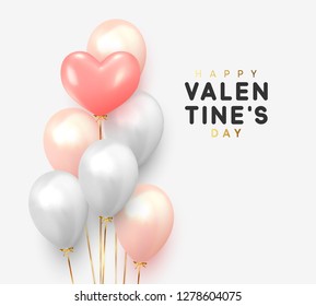 Happy Valentines Day. Realistic Balloons group in shape heart with gold ribbon. 3d ballon isolated on white background. Romantic poster, greeting cards, headers, website.