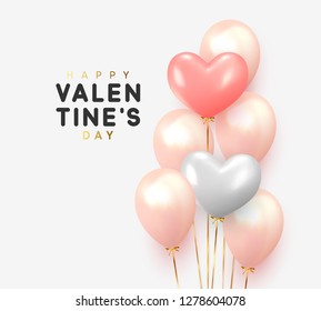 Happy Valentines Day. Realistic Balloons group in shape heart with gold ribbon. 3d ballon isolated on white background. Romantic poster, greeting cards, headers, website.