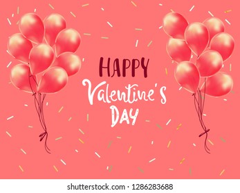 Happy Valentines Day. Realistic Balloons group. 3d ballon isolated on pink background. Romantic poster, greeting cards, headers, website. lettering, banner template.