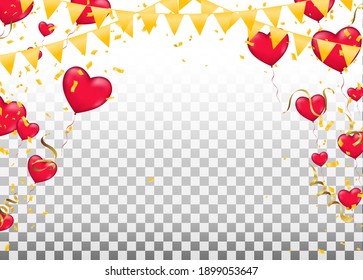 Happy Valentines Day. Realistic Balloons group in shape heart with gold ribbon. ballon isolated on background. with space for your text. Vector illustration.