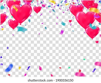 Happy Valentines Day. Realistic Balloons group in shape heart with gold ribbon. ballon isolated on background. with space for your text. Vector illustration.