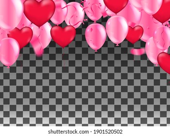 Happy Valentines Day. Realistic Balloons group in shape heart with gold ribbon. ballon isolated on background. with space for your text. Vector illustration.