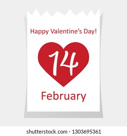 Feliz Día de San Valentín. Hoja realista del calendario con sombra y pin rojo aislado en un fondo blanco. Con texto Día de San Valentín. 14 de febrero. Feliz feriado