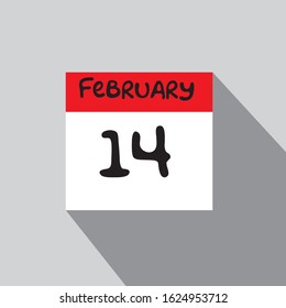 Happy Valentine's day .Realistic Calendar sheet with shadow and red pin isolated on a white background. With text Saint Valentines Day. 14 February.Happy Holiday