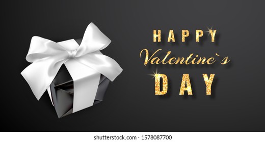 Happy Valentines Day. Realistic gift box with bow. Holiday background. Vector illustration.