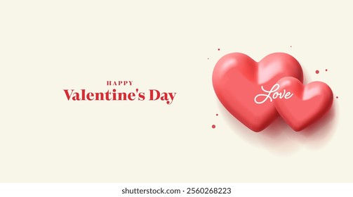 Happy Valentine's Day. Realistic glossy red hearts with greeting. Minimalist banner for Valentine's Day greetings. Vector