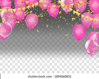 Happy Valentines Day. Realistic group of Balloons shapes with gold ribbon. ballon isolated on background. with space for your text. Vector illustration.