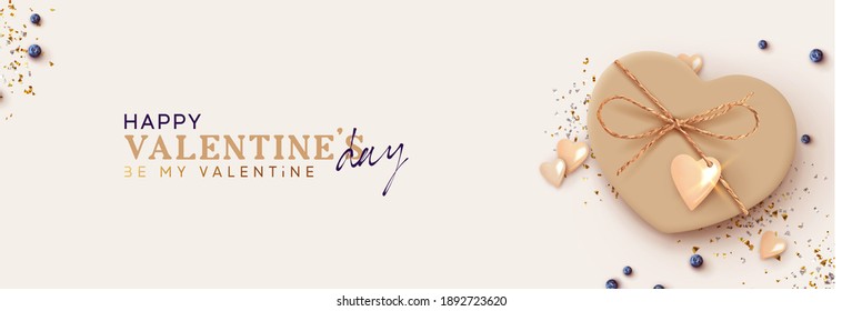 Happy Valentine's Day. Realistic heart shaped gift box, blue Blueberries. beige present gift. Horizontal template poster, greeting card, headers for website. flat top view. Vector illustration