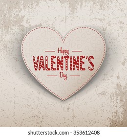 Happy Valentines Day realistic paper Heart Label on grunge concrete Background. Vector Illustration